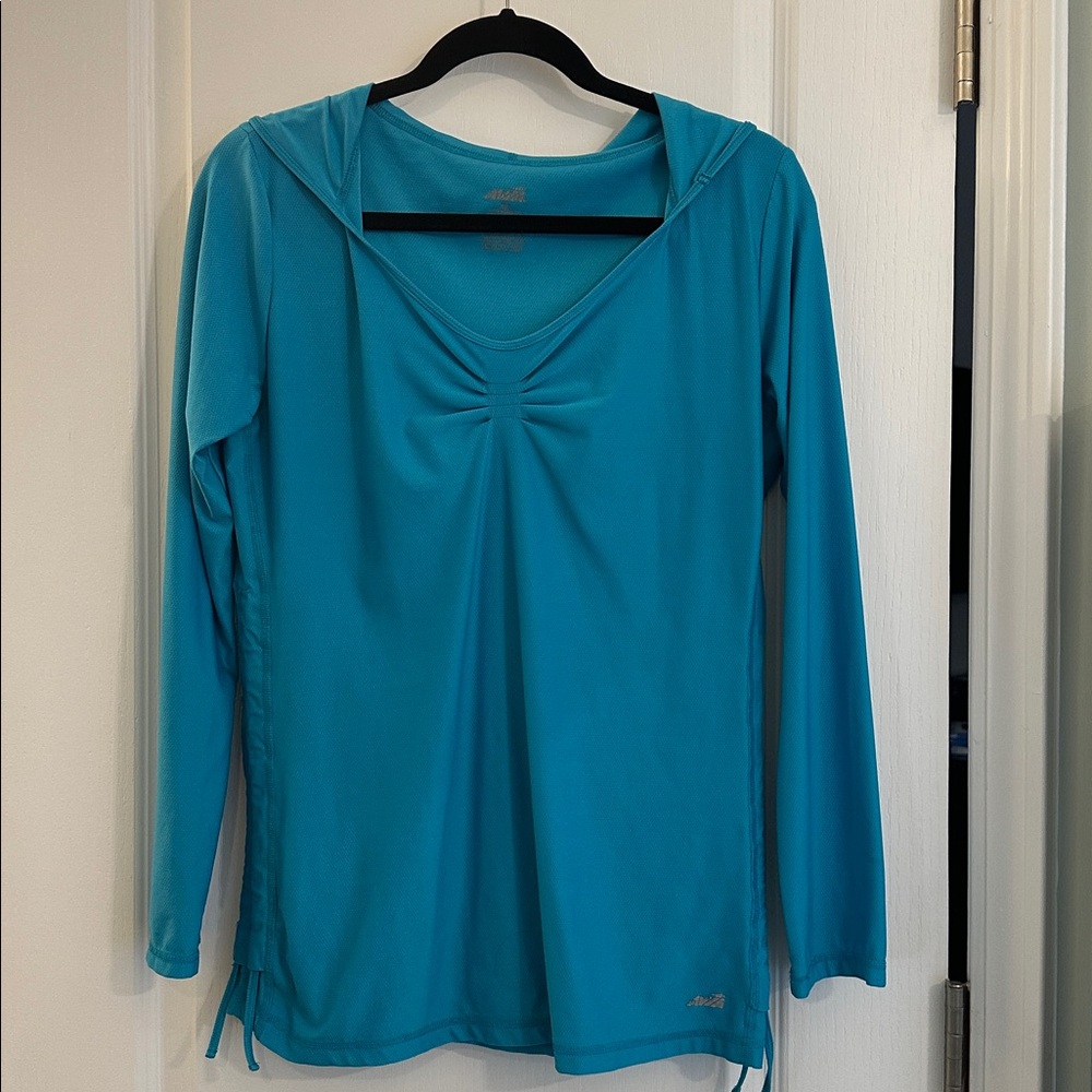Avia Ruche Tie Long Sleeve Workout Top Hoodie Shirt Turquoise